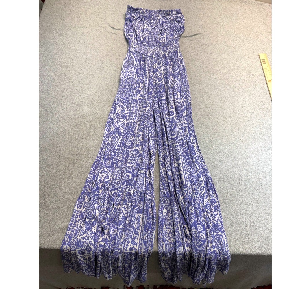 Jessica Simpson Jumpsuit Women XS Purple Paisley Smocked Strapless Wide Leg Boho